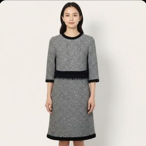 NWT Carlucci Tweed Fringe Trim Dress Navy Blue & Metallic Gold Chevron Stripe 8